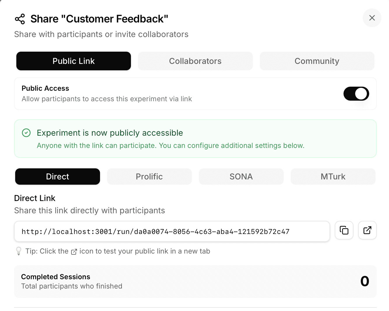 AssessKit one-click sharing interface showing public access toggle and platform integrations